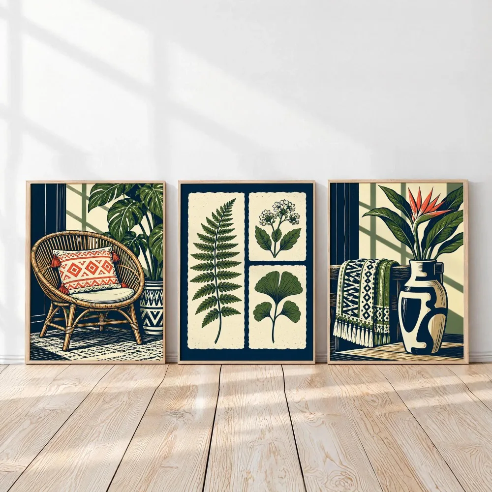 3pcs Frameless, Plant Printable Wall Art, Retro Bohemian Ferns, Wildflowers and Ginkgo Prints, Bedroom Gallery Wall Decoration
