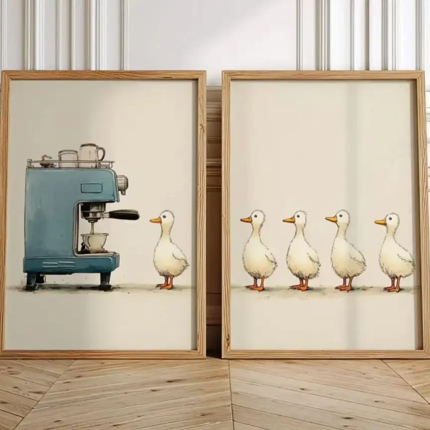 (No frame)Duck Coffee Wall Art,Canvas Wall Print,Modern Art Illustration,High‑Grade Home Decoration Artwork for Bedroom,Livin