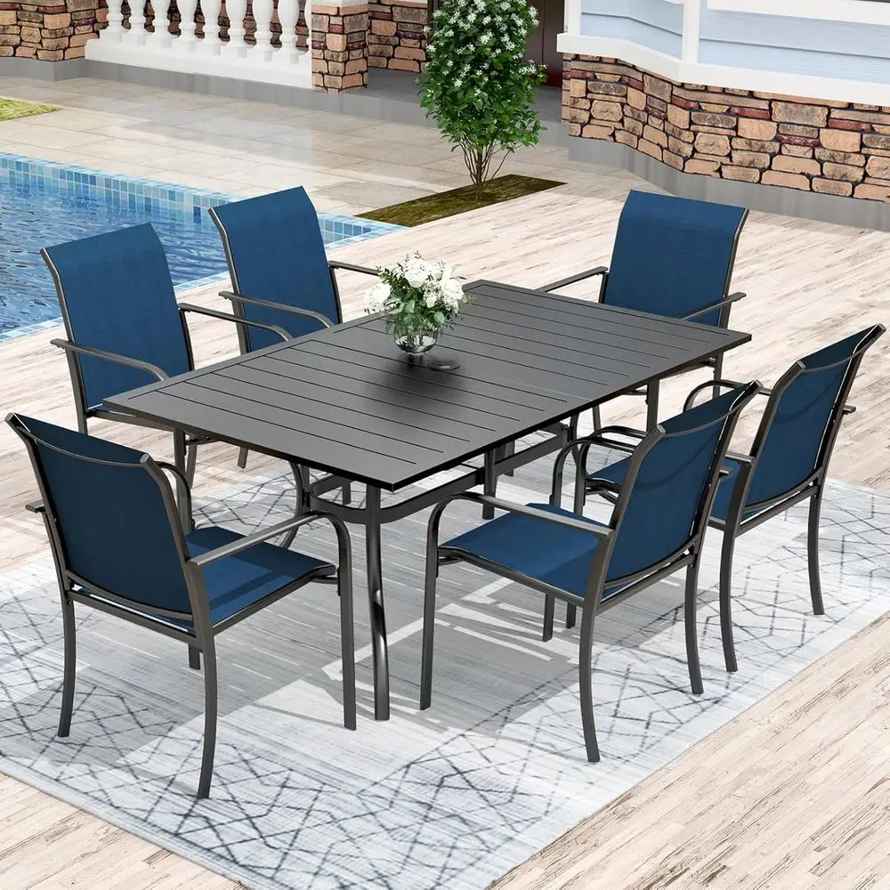 

7-Piece Rust-Resistant Steel Patio Dining Set with Umbrella Hole and Stackable Textilene Chairs, Ideal for Blue or Garden Decks