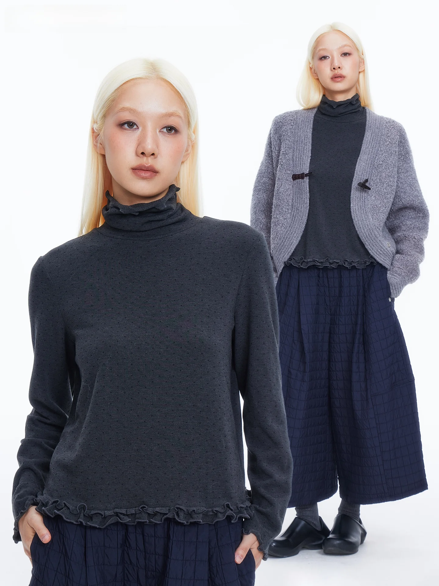 

HORAHORA Retro Polka Dot Deep ey High Collar Long Sve Fce Lined T-irt Women's Stand Fit Cotton Blend Top