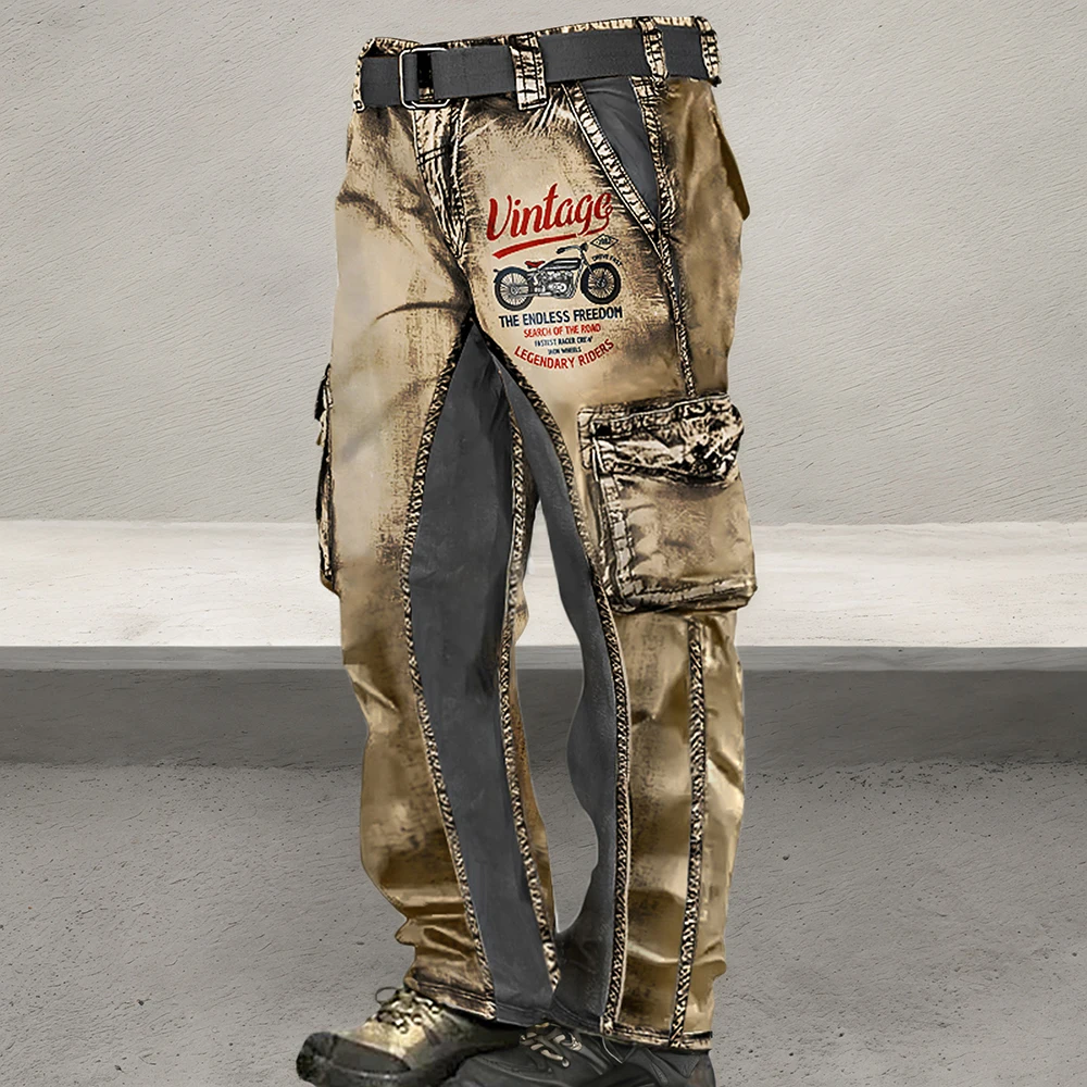

Men's Vintage Motorcycle Printed Cargo Pants Belt Vintage Distressed Multi Pocket Loose Trousers For Outdoor Casual Male Pants
