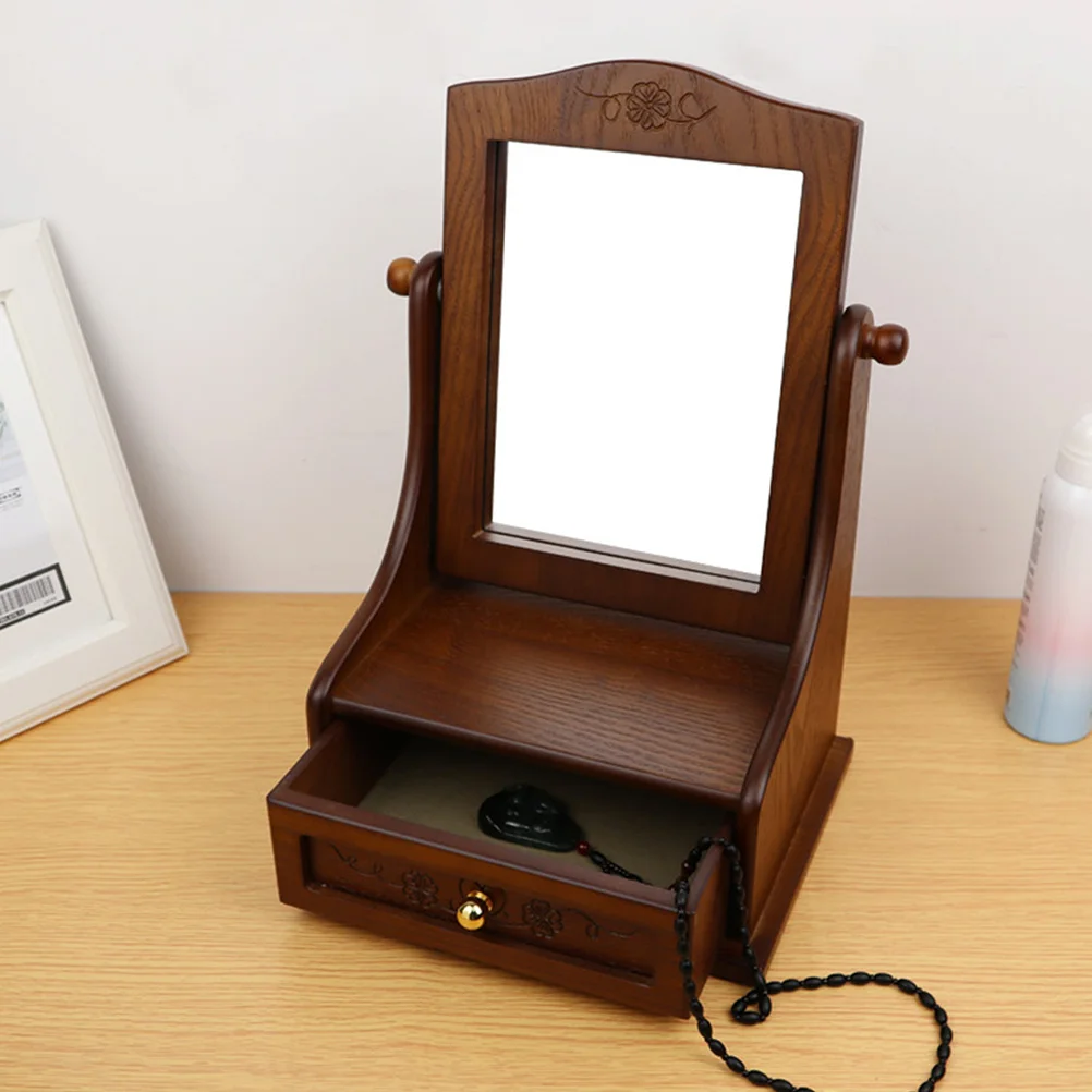 Vintage-Desktop-Kosmetikspiegel, verstellbar, 360 Grad, hohe Klarheit, silbernes Glas, Holzgriff, fein geschnitzt, stehbarer Make-up-Spiegel