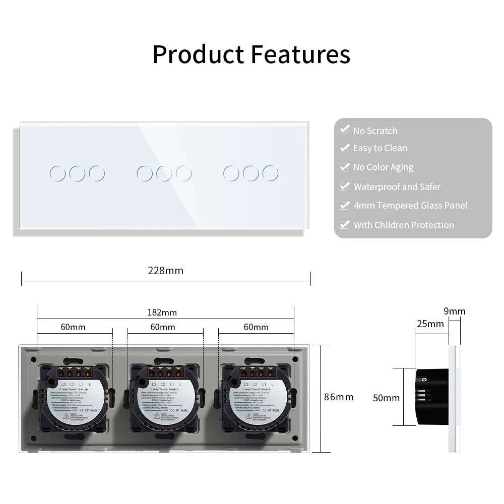 DAJIMEI EU Standard Triple 3/6/9Gang 1 Way Touch Light Switch 86*228mm Luxury Tempered Crystal Glass Panel Wall Switches