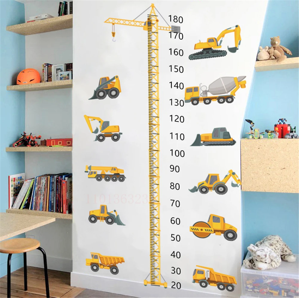 Construction Vehicle Tower Crane height stickers For Kids Room Kindergarten Baby Measuring Height Ruler Wall Stickers Boys Gift