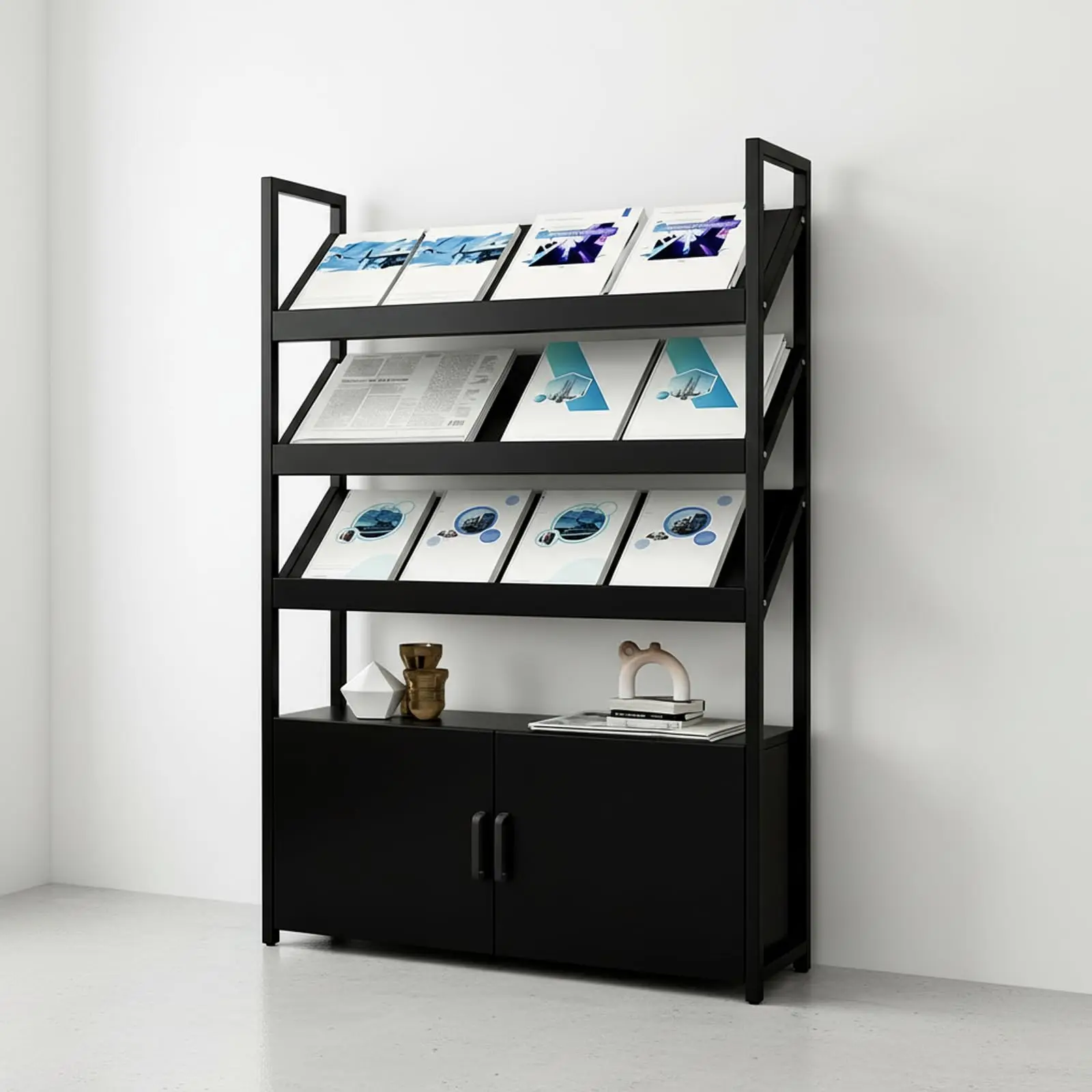 Magazine Rack Floor, 3/4-Tier Floor Magazine Rack with Bottom Storage Cabinet, Sturdy Carbon Steel & Wood Literature