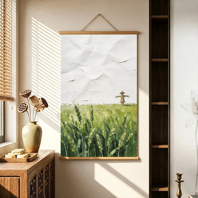 Wall Art Scarecrows Standing in Golden Wheat Fields, Rustic Countryside Pearlescent Canvas Wall Hanging Scroll for Country House