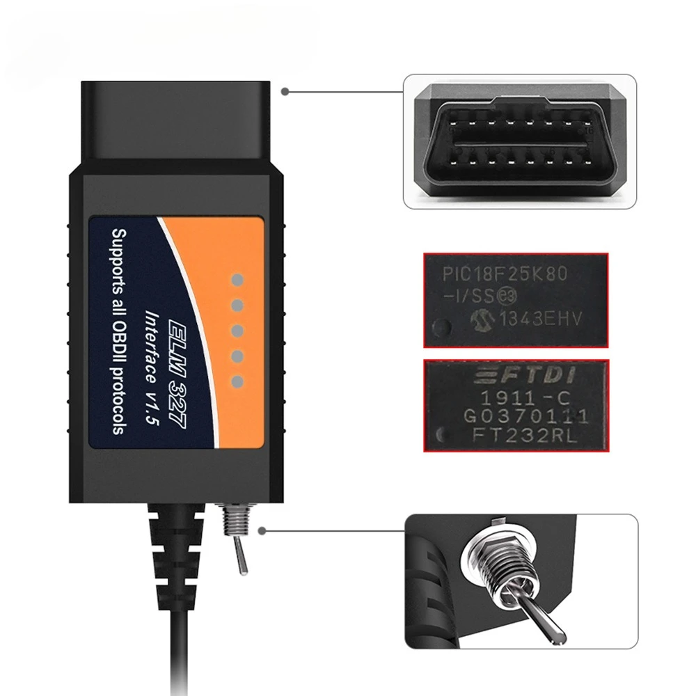 FT232 FTDI PIC18F25K80 Chip ELM327 V1.5 USB OBD2 Scanner with HS-CAN/MS-CAN Switch FORScan Car Diagnostic Tool for Ford