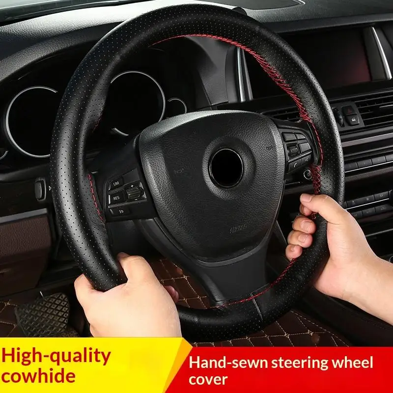 Breathable Leather Steering Wheel Cover Hand Sewn Anti Slip Elastic Band Design Universal 38cm Car Accessory