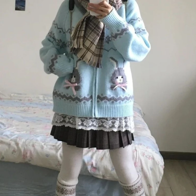 

Y2k милая толстовка с длинными рукавами, трикотаж, женское повседневное тонкое пальто с мультяшной вышивкой, кавайный бант, весна-осень, Новое поступление 2023 г.