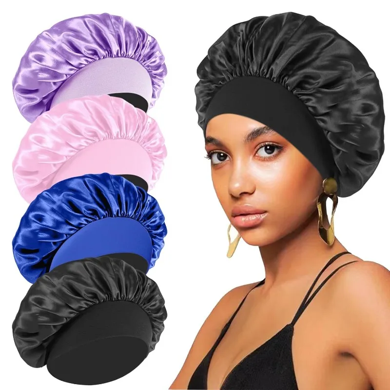 Picture 3: New Satin Wide Brim Nightcap Silky Bonnet Hair Wrap for Sleeping Sleep Cap With Elastic Soft Band Styling Cap Hair Wrapping Tool