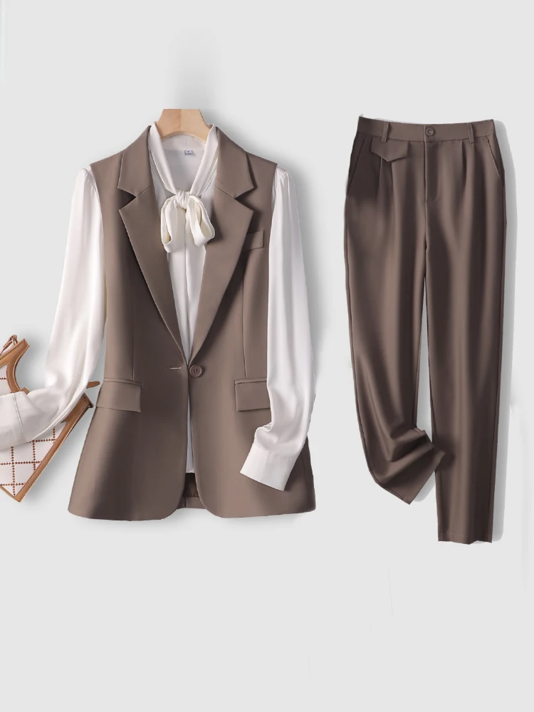 

Fashionable Coffee-Colored Women's Suit Vest Set Casual Loose Fit Two-Piece Ensemble Autumn Collection Polyester Fiber