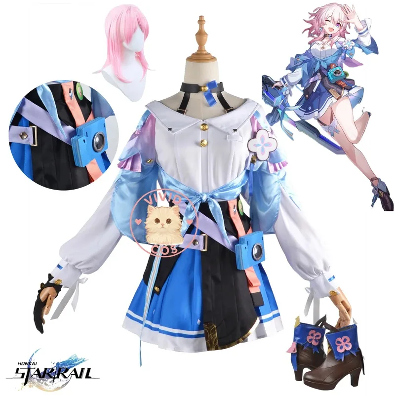 

Game Honkai: Star Rail March 7th Cosplay Costume Fashion Anime Role Play Daily Dress with Camera Prop Wig Shoes for Women