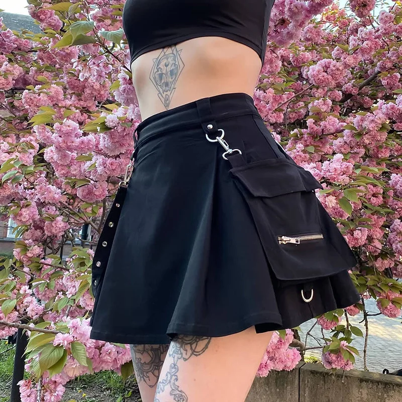 

Black Skirt Harajuku Punk Gothic Black High Waist Black Women Sexy Patchwork Bandage Mini Skirt Female Streetwear