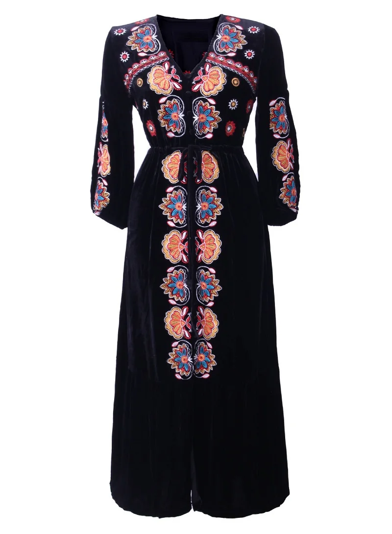 High Quality New 2023 Autumn Winter Long Dress Women Colorful Floral Embroidery Drawstring Waist Long Red Black Velvet Dress