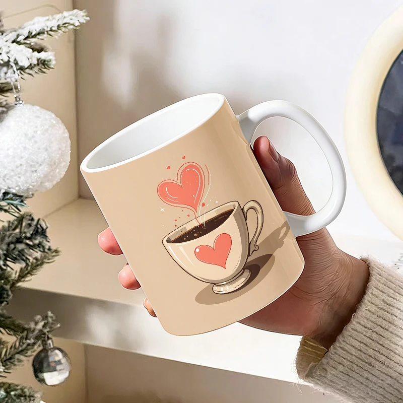 

1pcs Warm-hearted Cartoon Coffee Heart Ceramic Cup with Handle, Creative Coffee Cup, Insulated Milk Cup, Office Tea Cup