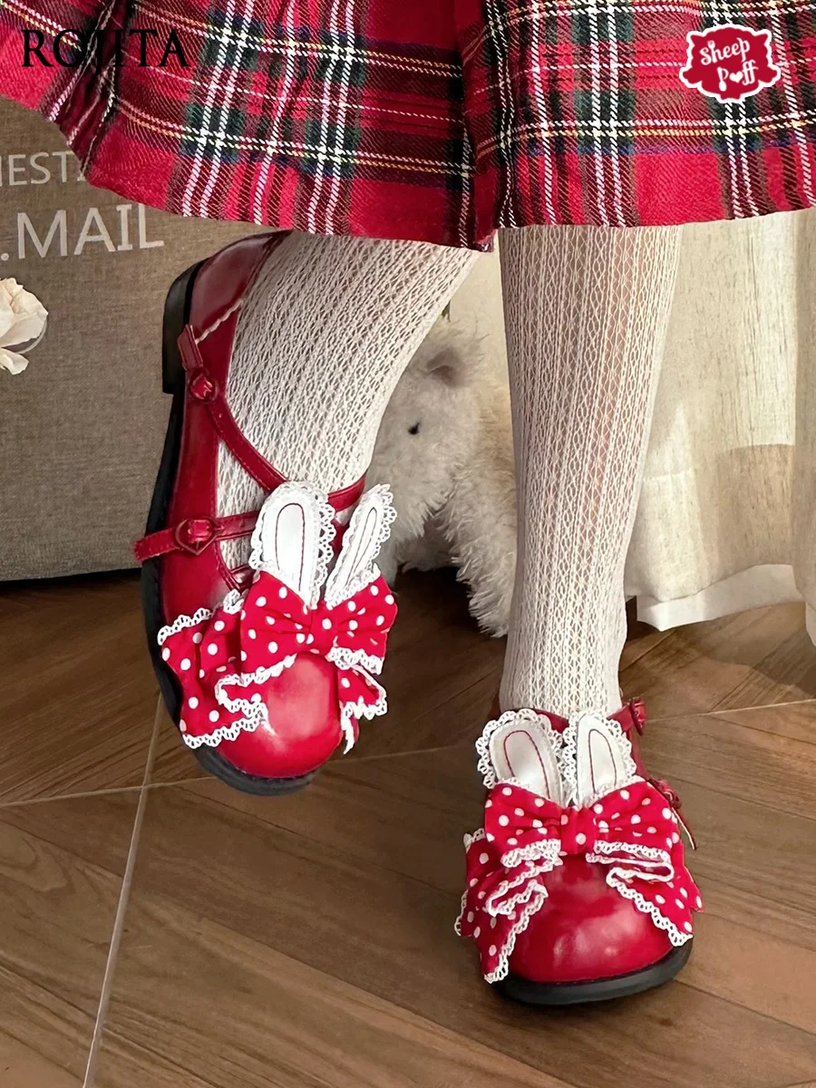 Zapatos rosas con lazo en la oreja de conejo y lunares, zapatos de cuero de tacón bajo, punta redonda, tacón plano, zapatos de cuero pequeños para primavera y otoño