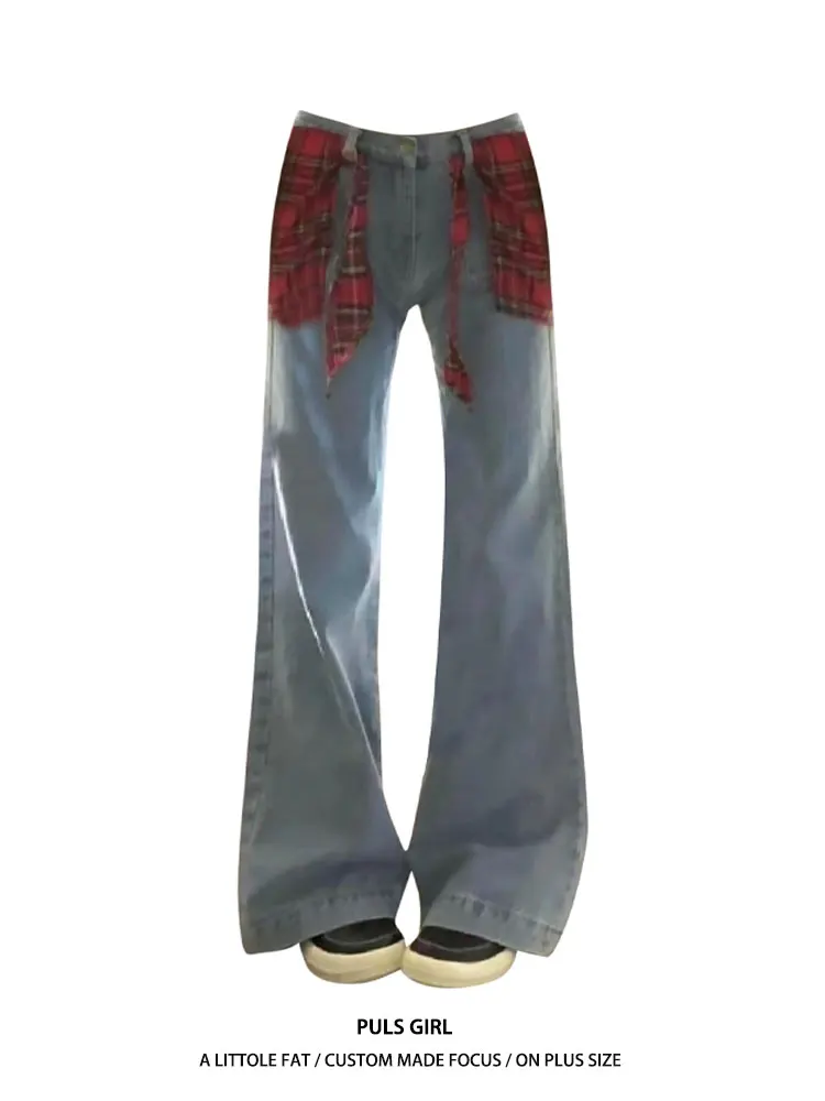 

plus Size American Retro Plaid Denim Pants Men Women Loose Slim Straight Floor-Length Trendy Casual mid Waist Straight Leg Jeans