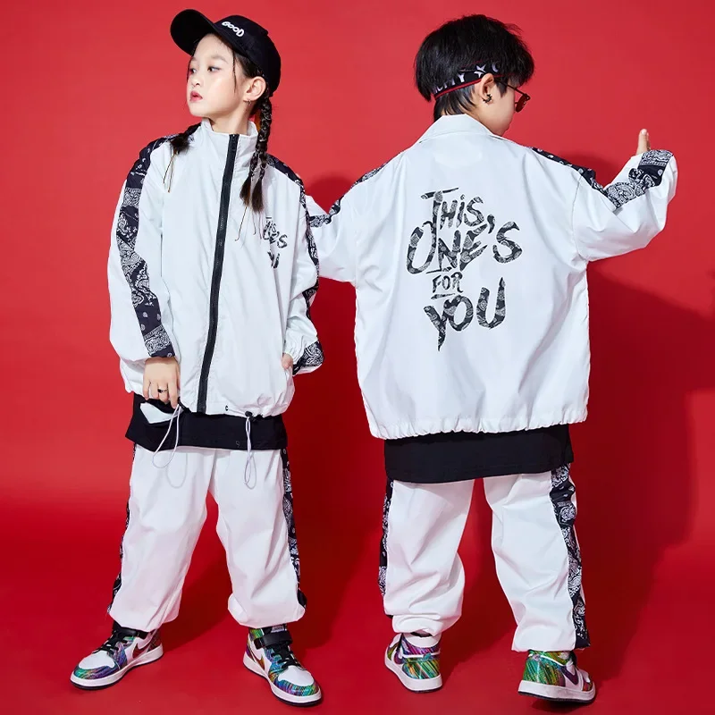 

Kids Hip Hop Street Dance Costume White Letter Print Loose Jacket Coat + Pants Boys Sports Suit Girls Jazz Performance Clothes