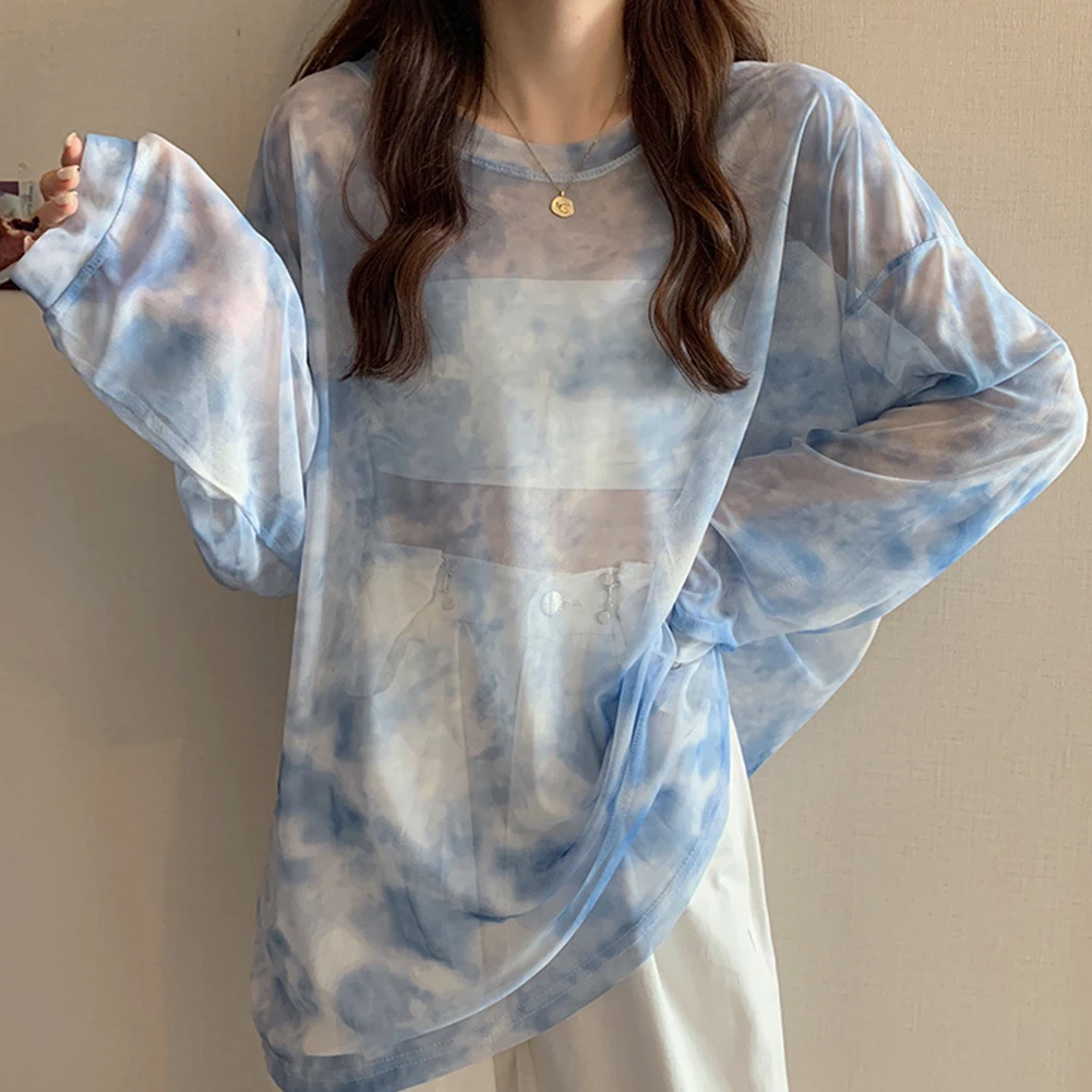 عطلة الشاطئ التعادل مصبوغ تي شيرت بلوزة الحرير الجليد طفيف تمتد النسيج الشفاف عطلة ارتداء طول منتظم #1