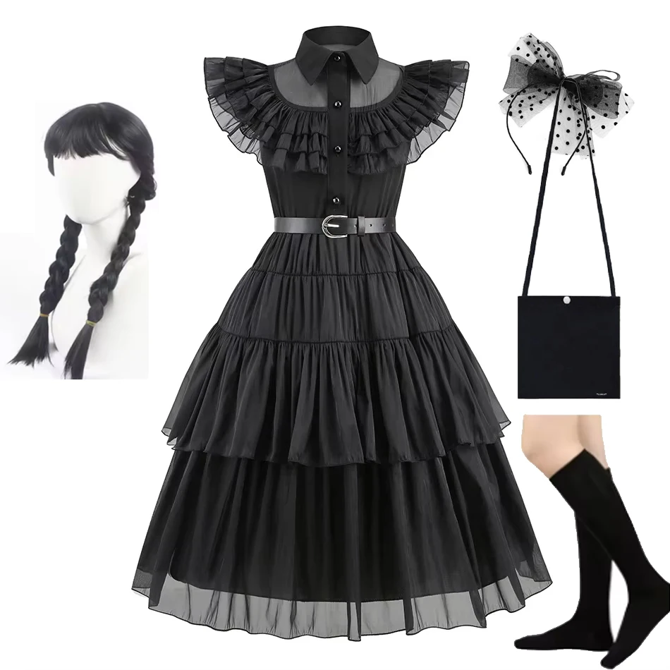 Children Addams Costume Baby Girls Family Cosplay Halloween Costume Kids Family Dancing Black Dress Wednesdays Pageant Vestidos