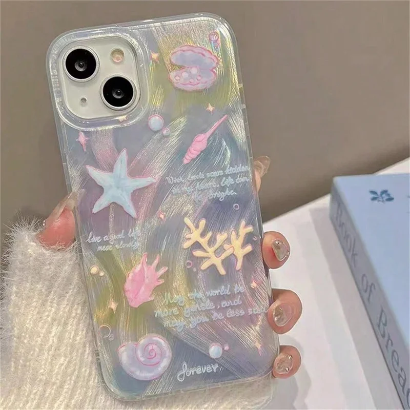 Luxury Seashell Pattern Laser Silver Phone Case For Samsung A55 A54 A53 A34 A15 A05 A35 Case S22 S23 S24 Ultra Plus S21 FE Cover