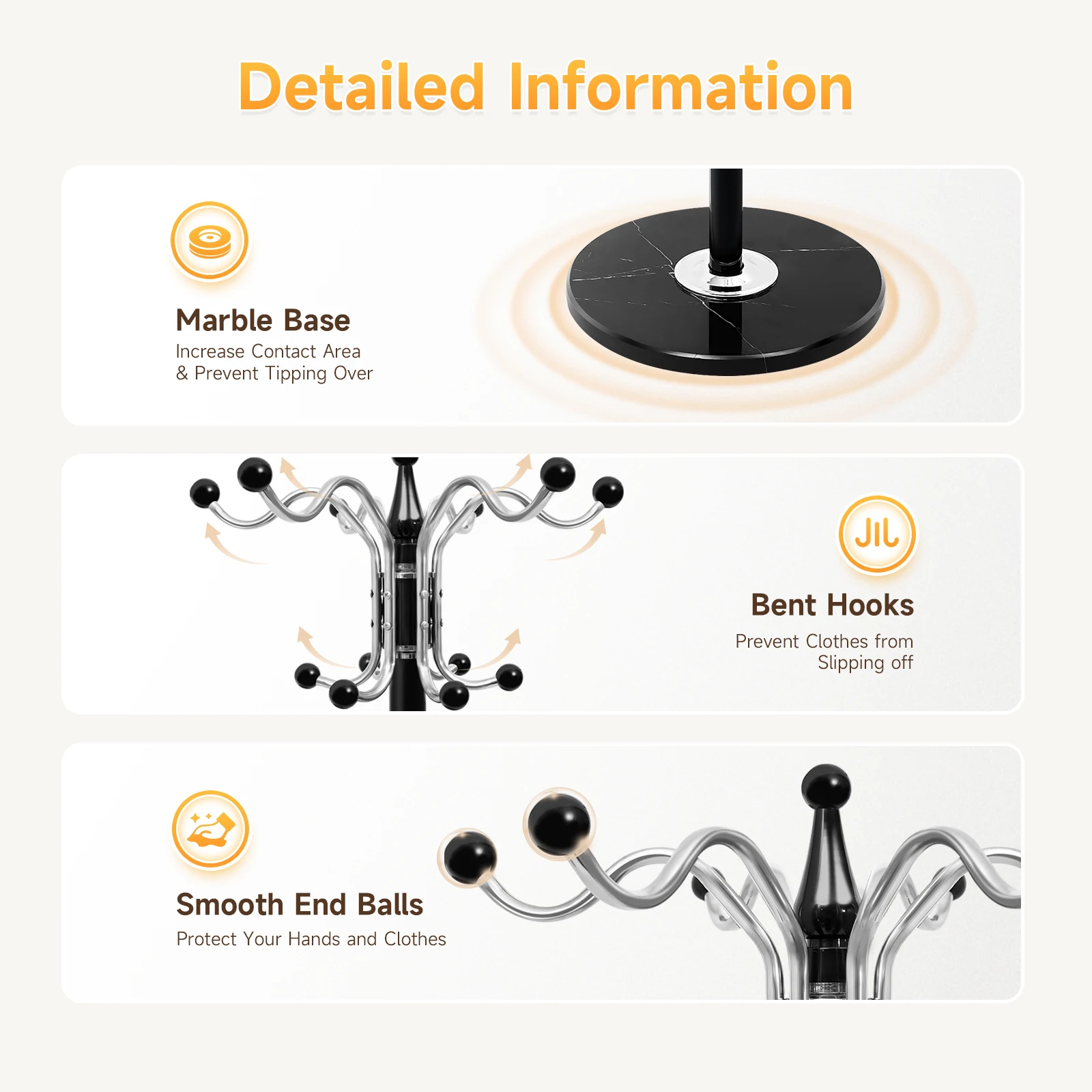 Appendiabiti - Appendiabiti in metallo da 170 cm, portaombrelli con 17 ganci in metallo marmo stabile e durevole per dormitorio, casa (nero)