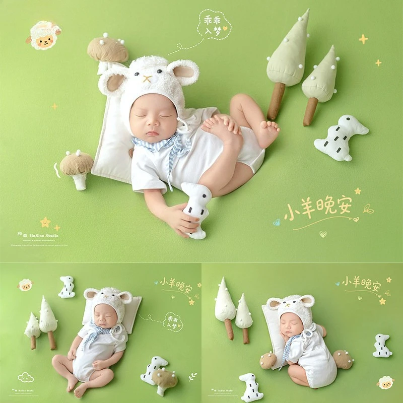 新生児写真撮影用小道具-2027-かわいい羊の森とキノコの木、草の装飾、スタジオでの赤ちゃんの写真撮影用背景テーマ