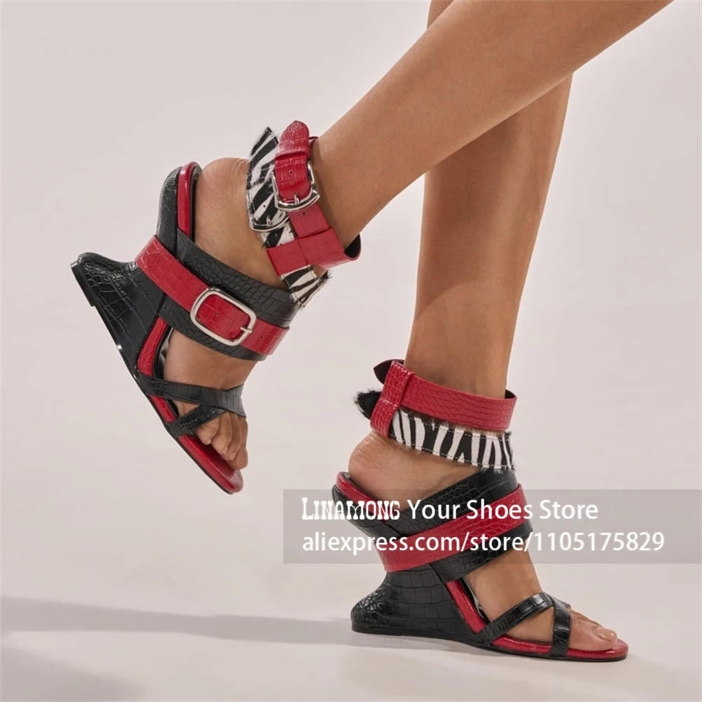 Sculpted Wedge Zebra Faux Horsehair Sandals Metal Buckle Strap Open Toe Wedge Heels Multi Strap Designer Style Summer Footwear view 3