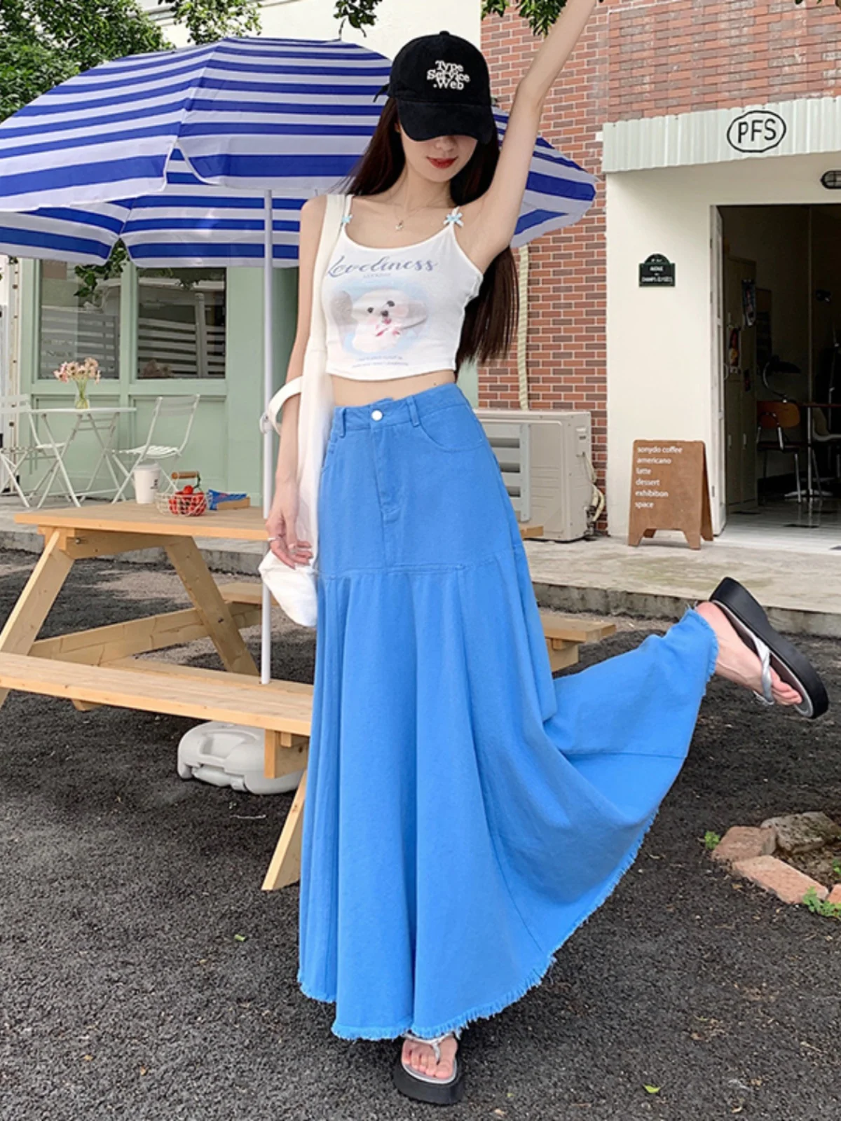 Women Denim Blue Long Skirt Harajuku Y2k 2000s Vintage Skirts 90s Aesthetic Streetwear Fashion A-Line Jean Skirt Clothes