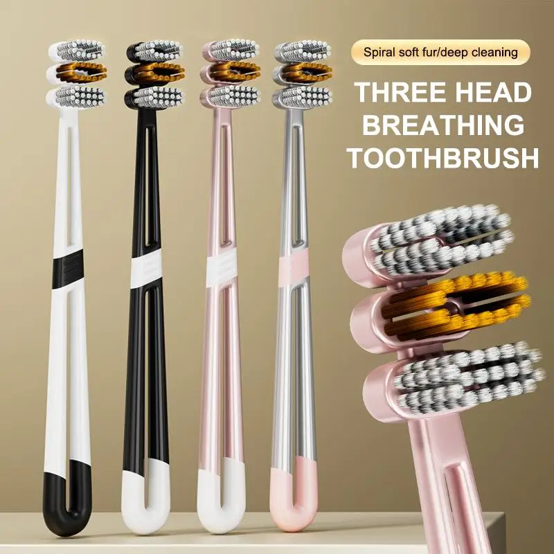 2Pcs Three Head Breathing Wide Toothbrush Mouth Clean Whitening Toothbrush Ultra-Fine Soft Hard Bristle Deep Cleaning For Adults
