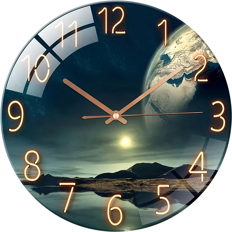 12 Inch Silent Glass Wall Clock Earth Landscape Design Tempered Glass Modern Home Decor for Living Room Bedroom Christmas Gift