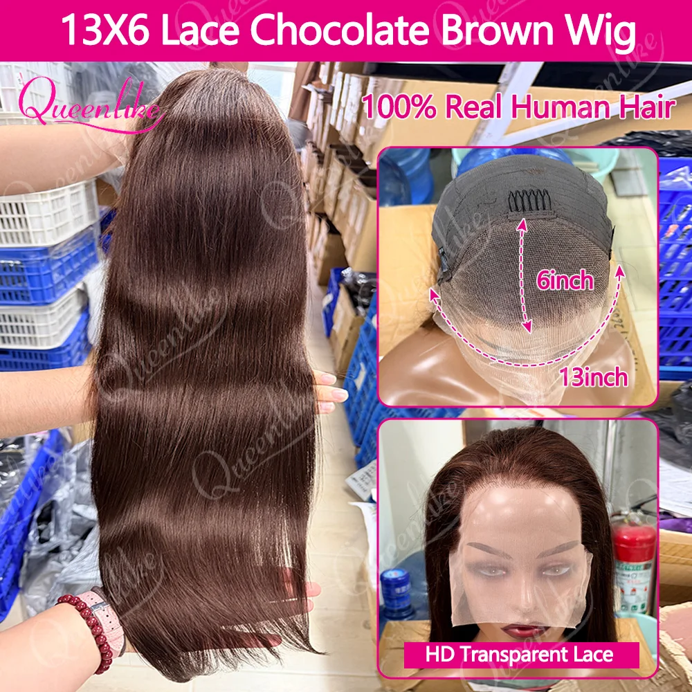 Queenlike Chocolate Brown Straight Human Hair Wig 13x6 Transparent HD Lace Frontal Pre Plucked Natural Hairline Wig For Women