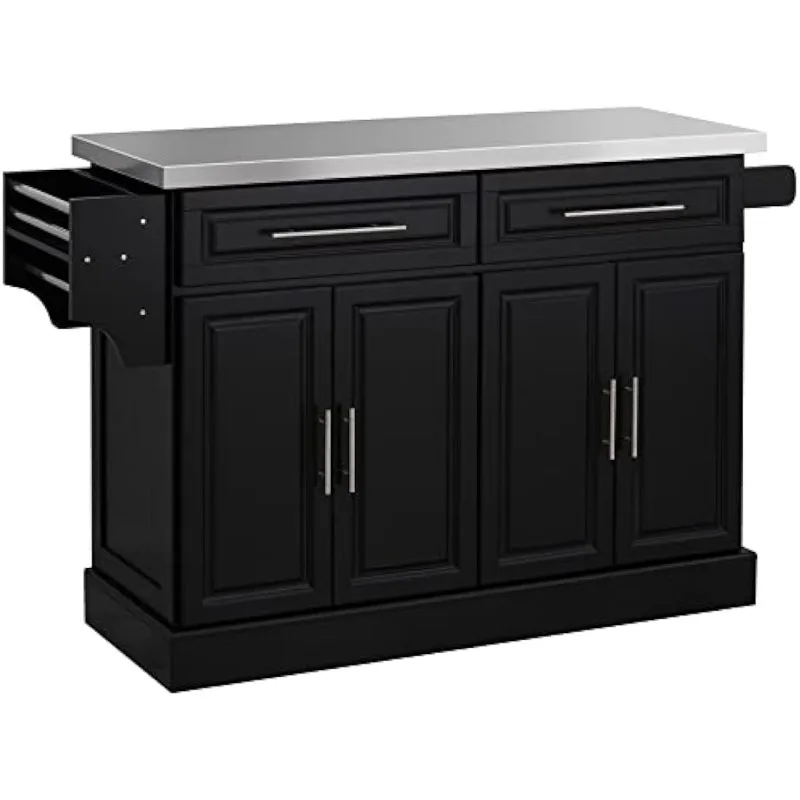 Kitchen Island with Storage, Portable Kitchen Cart with Stainless Steel Top, 2 Drawers, Spice, Knife and Towel Rack