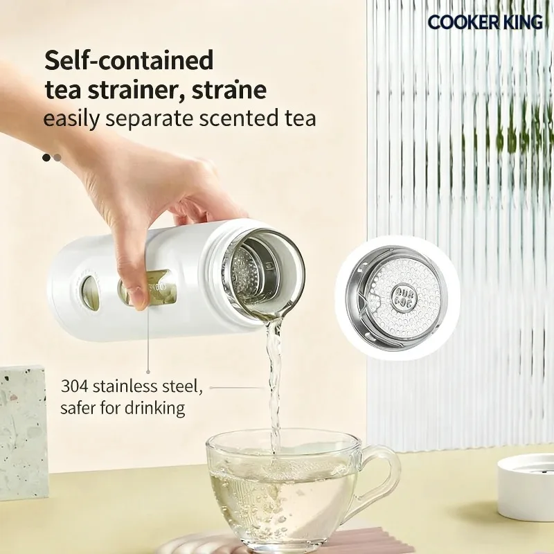 كوب ماء زجاجي محمول بطبقة مزدوجة معزول للشاي وفصل المياه من كوكر كينج للرجال والنساء، أبيض أنيق 420 مل