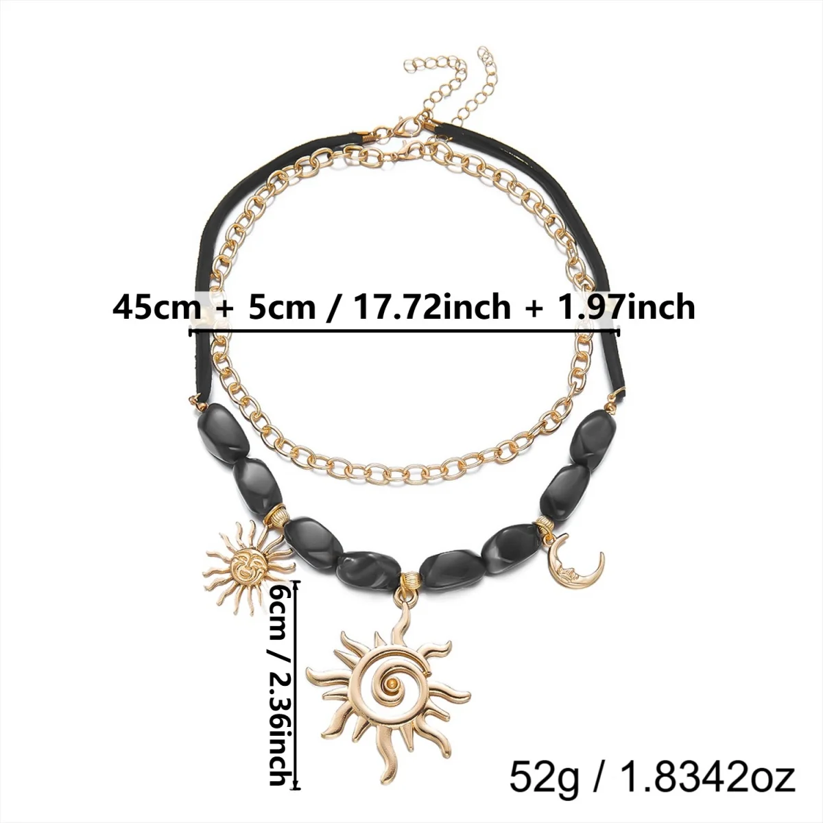 Doppelschichtige Unregelmäßige Schwarze Harzperlen Spiral-Sonne-Mond-Anhänger Halskette für Frauen und Männer Ethnischer Stil Sonnenblumen-Choker Schmuck – Detail 31