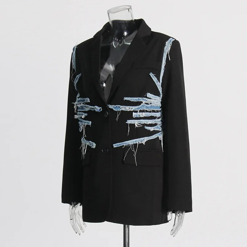 Fashion casual retro denim splicing suit 2025 summer new temperament contrasting color traf design loose blazer women outerwears