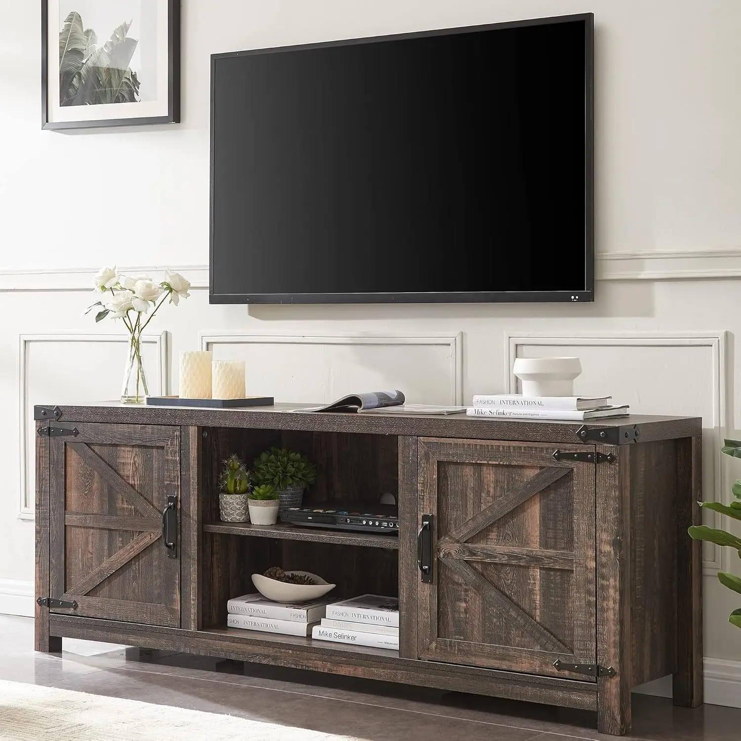 

Farmhouse TV stand, wooden barn door, media TV console table, with locker, easy to assemble