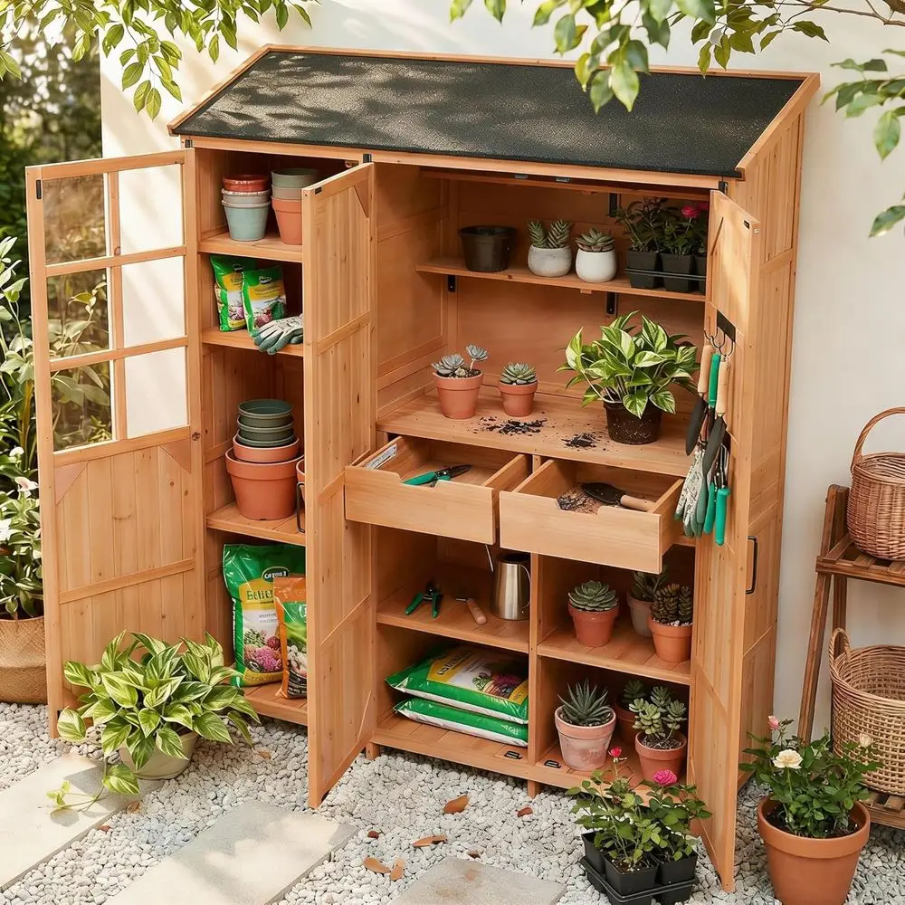 

Outdoor Wood Large Patio Garden Storage Shed with Waterproo Roo, 3 DoStorage Cabinet with Workstation, 7 Storage Shelves, 2 Ders