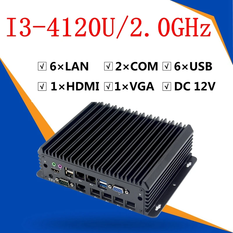 Fanless Mini Pc I3 2.0Ghz Met 6*1000M Lan Gigabit Ethernet Visuele Industriële Computer Vga Hdmi Usb com WIN7 WIN10 Linux