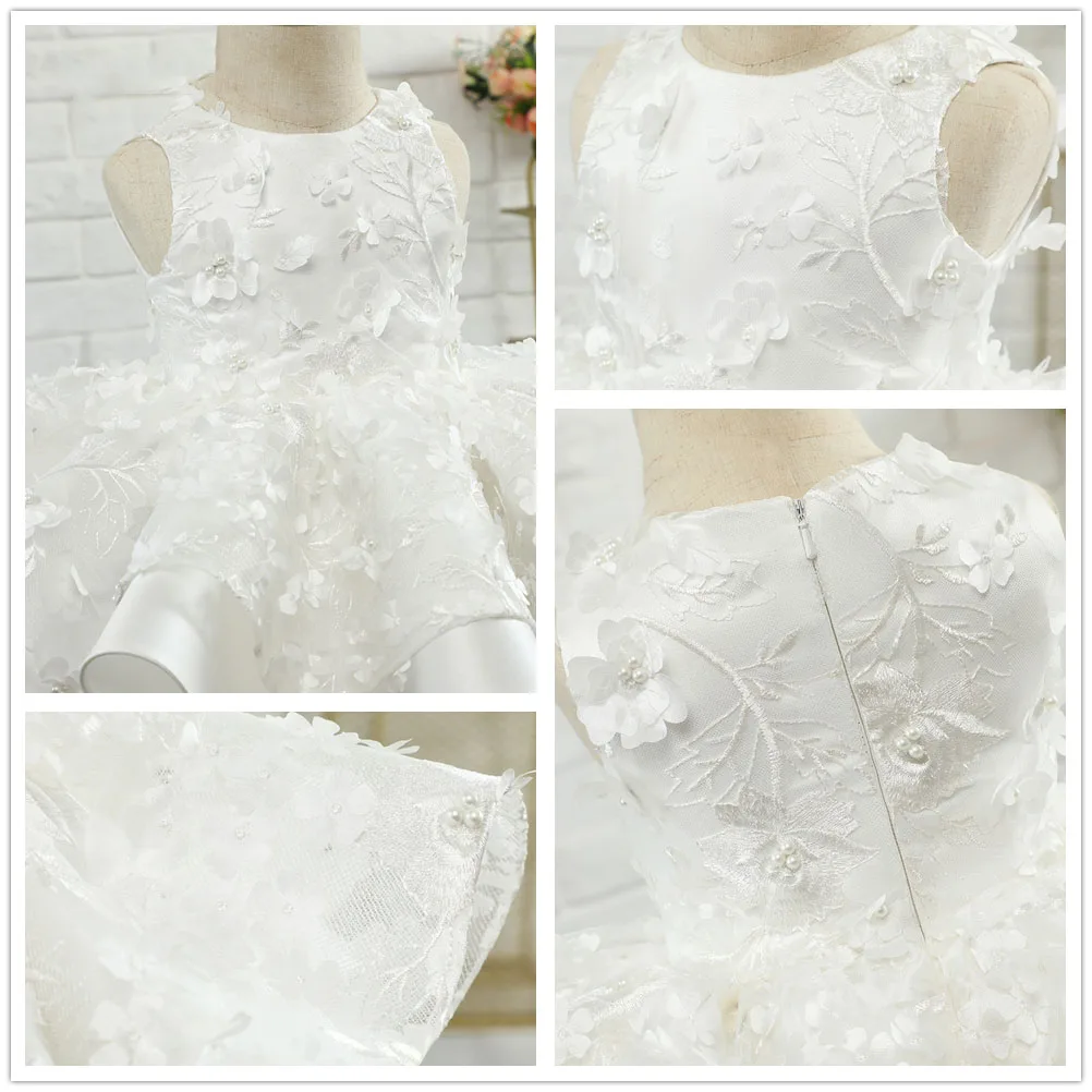 Ivory Flower Girl Dress For Wedding Sleeveless 3d Applique Mini Puffy Kid Birthday Princess Dress First Communion Ball Gowns