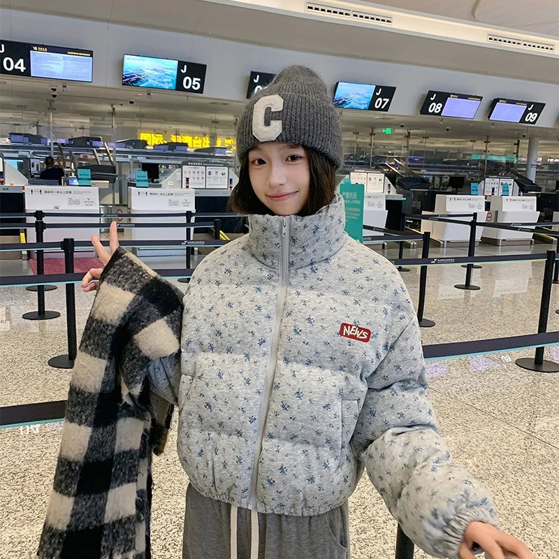 Sweet Floral Print Down Cotton Coat Women Winter Warm Short Tops All-match Cropped Jacket Thick Loose Windproof Outerwear New