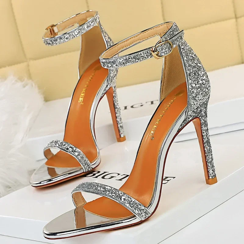 Women Summer Platform Sandals 10cm High Heels Silver Bling Sequins Ankle Strap Sandles Lady Wedding Bridal Sparkly Fetish Shoes