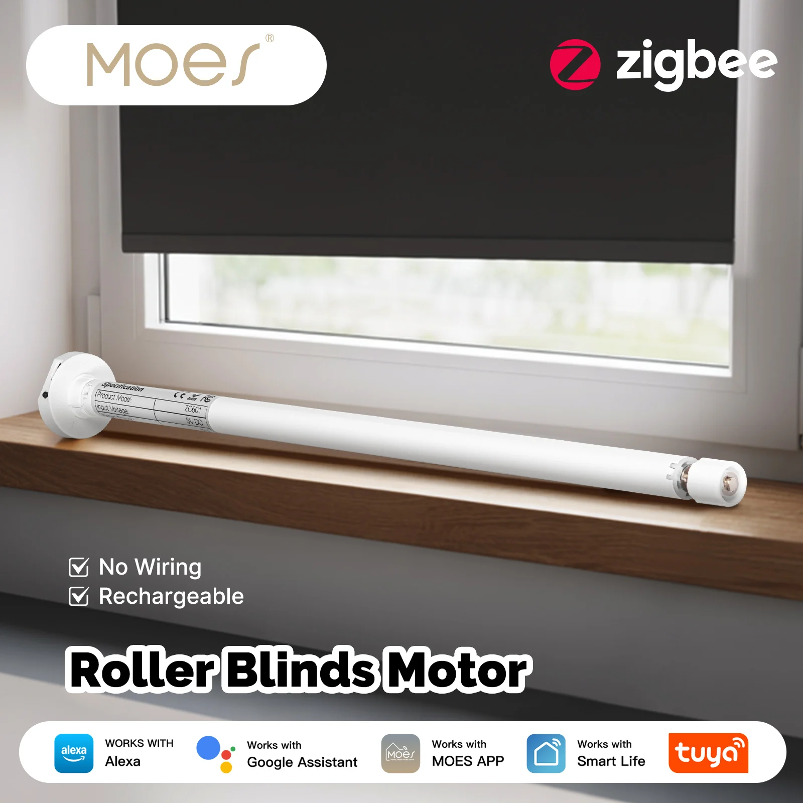 

MOES Tuya Zigbee Smart Roller Blinds Motor 16mm Chargeable Window Shades Curtain For 17/25/28mm Tube Work with Alexa Google Home