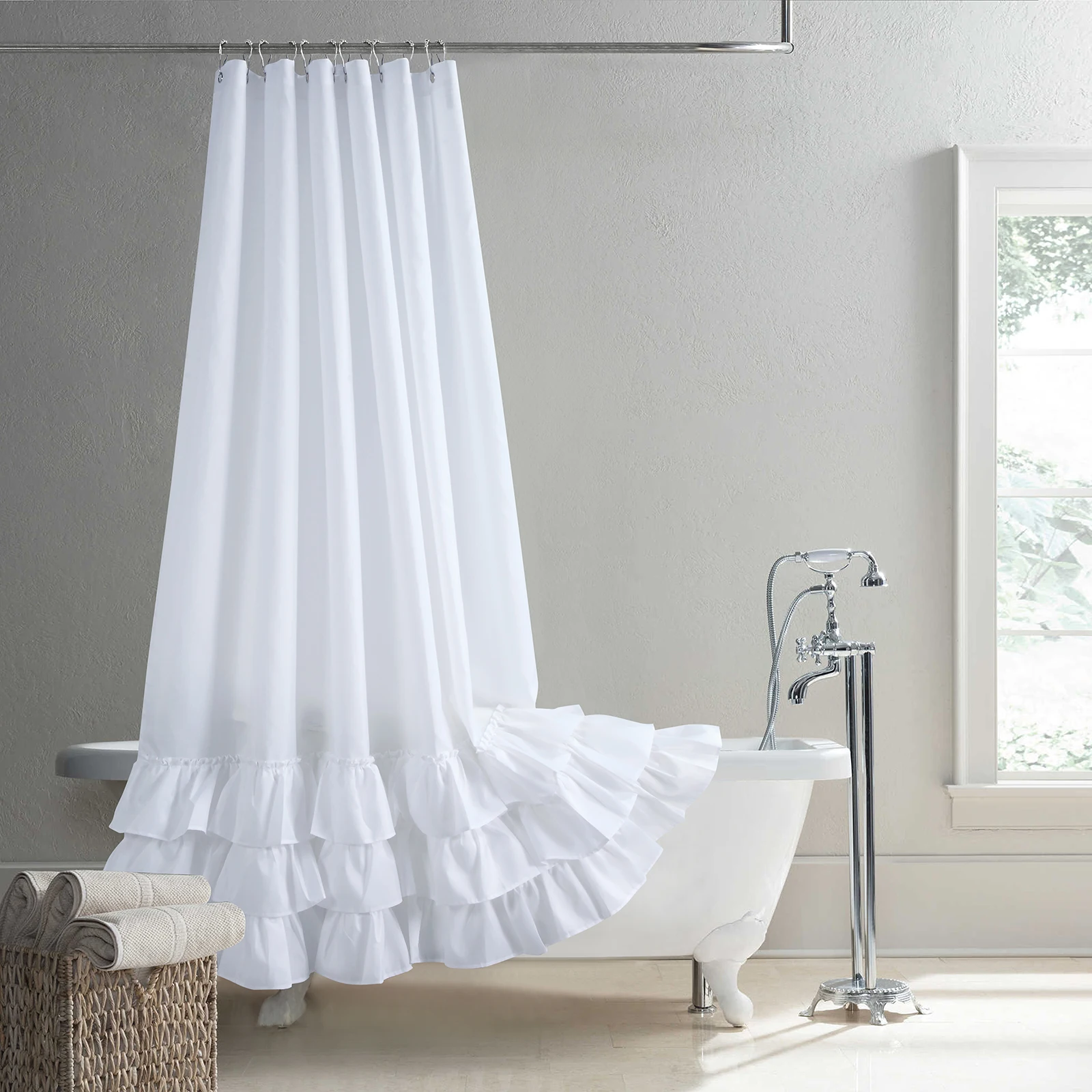 

Ruffled White Boho Modern Polyester Waterproof Fabric Solid Decoratived Farmhouse Shower Curtain