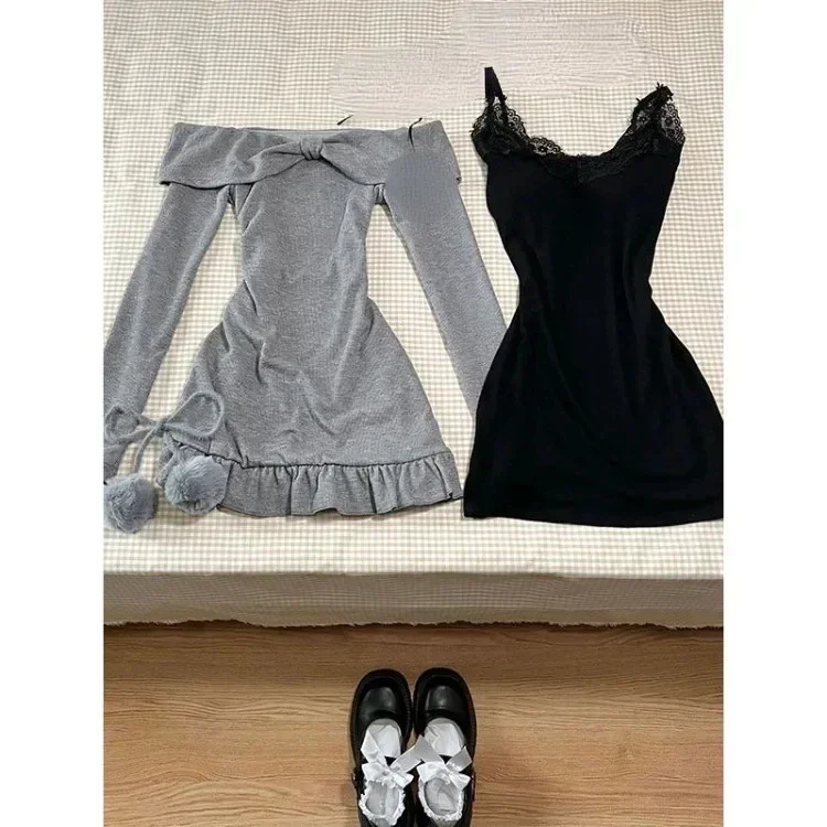 Aesthetic Elegant Sexy Camisole Dress Women Casual Y2k Crop Tops+ Lace Vintage Chic Vest Female Autumn Korea Style Retro Outfits