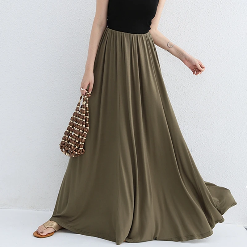 

Simple Modal Long Skirt Women Spring Summer Autumn High Waist Solid Color A-line Party Dance Maxi Skirt