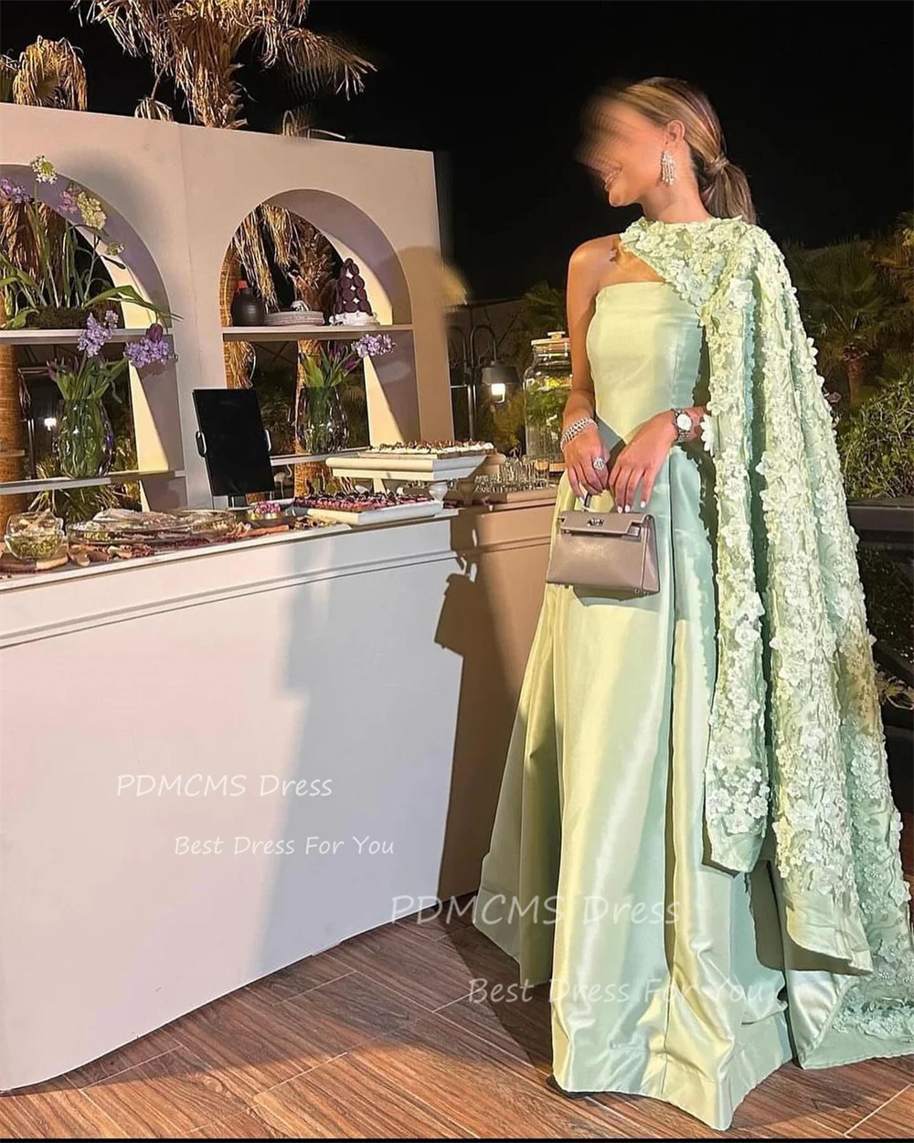 Elegant Sage Green Satin Evening Dresses With Jacket Strapless 3D Flowers Saudi Arabic Party Dress Formal Occasion Prom Gowns