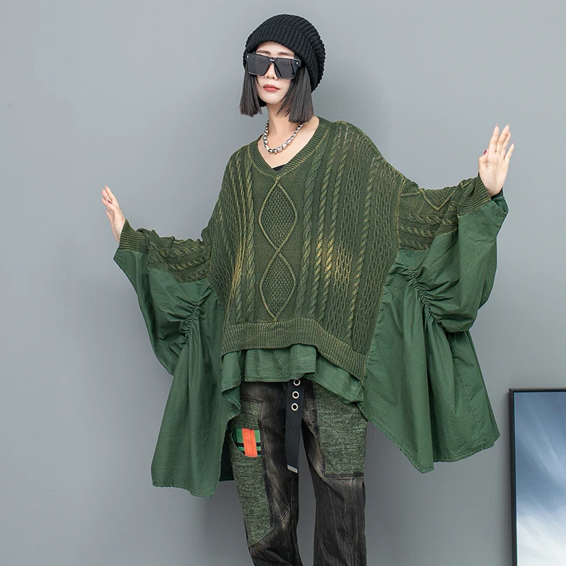 

Loose V-neck Long-sleeved Knitwear Women Spring Personality Asymmetric Patchwork Ruffled Batsleeve Pullovers All-match Sweater