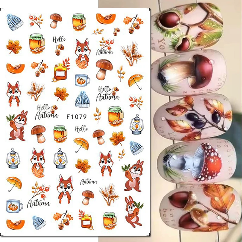 3D Nail Art Stickers Autumn Squirrel Pinecone Maples Mushroom Adhesive Sliders Nails Decals Decorations For Manicures