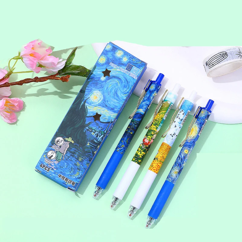 4pcs Kawaii Gel Pens Oil Painting Style Aesthetic Stationery Black Ink Japanese Kawaii Stationery Ballpoint Pen School Supplies